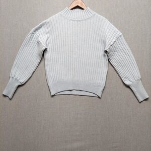 Cliche Mock Neck Sweater Womens XL Blue Ribbed Knit Balloon Sleeve Cozy Minimal